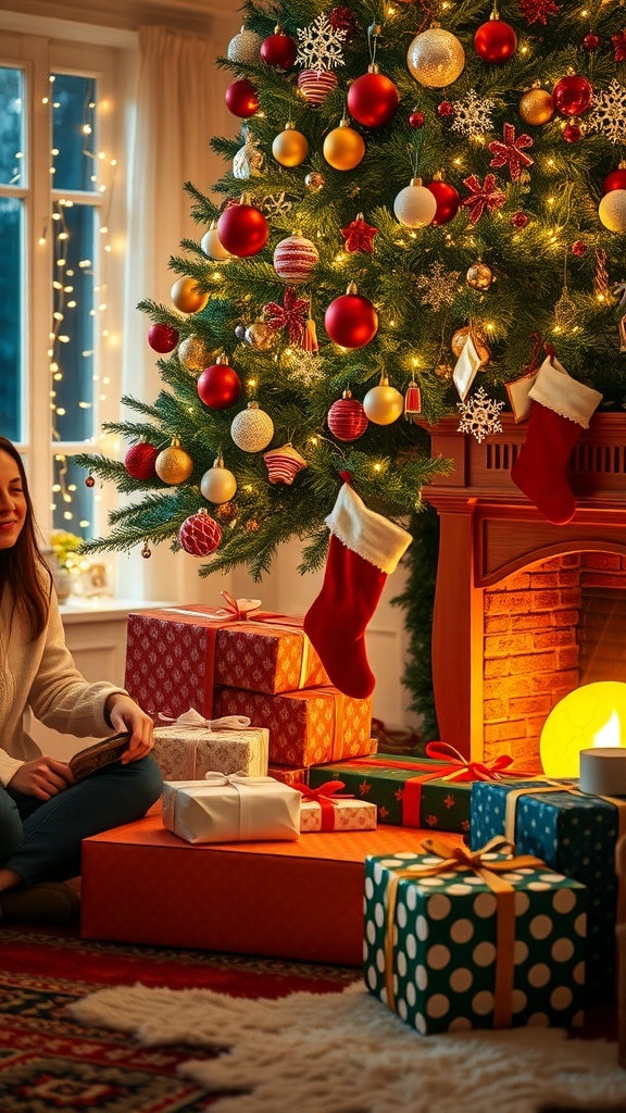 Christmas Gift Exchange List Template A cozy Christmas scene with gifts under a tree and decorations.